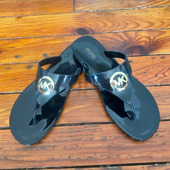 Michael Kors Jelly FlipFlop Gold Logo Black Size 11 NWOB